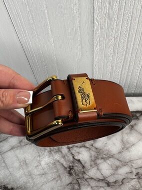 Ralph Lauren Tan Leather Men’s Belt with Gold Polo Emblem 38